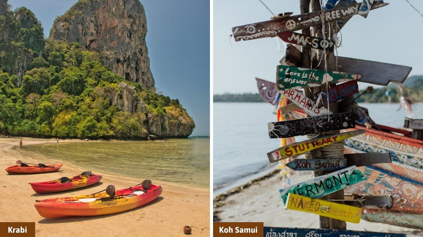 An island activity comparison for Krabi vs Koh Samui: the left panel shows colorful sea kayaks parked on a sandy beach next to a massive limestone cliff in Krabi; the right panel shows a wooden post with rustic beach signs pointing to international cities on a Koh Samui shore.