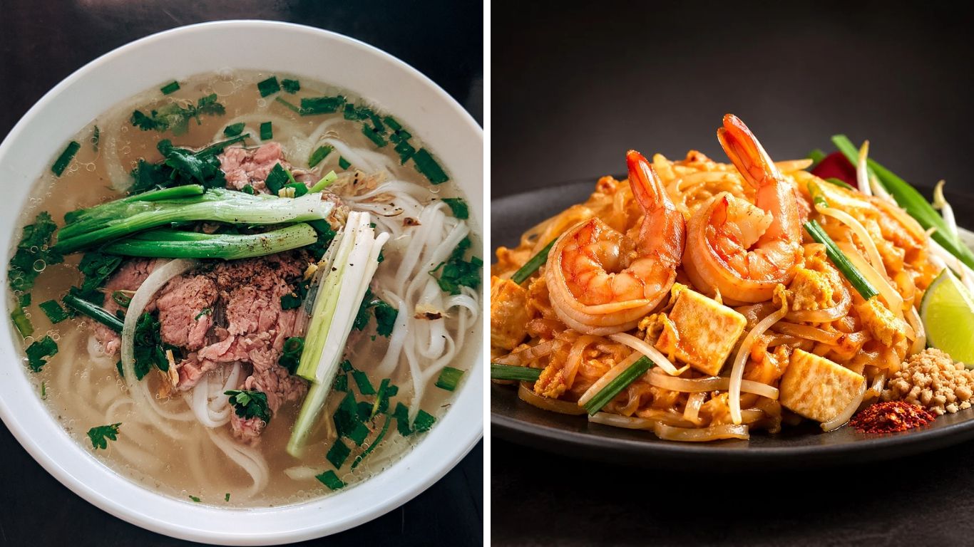 A side-by-side food comparison for Hanoi or Bangkok: on the left, a traditional bowl of Vietnamese Beef Pho with fresh herbs; on the right, a plate of Thai Pad Thai with shrimp and lime
