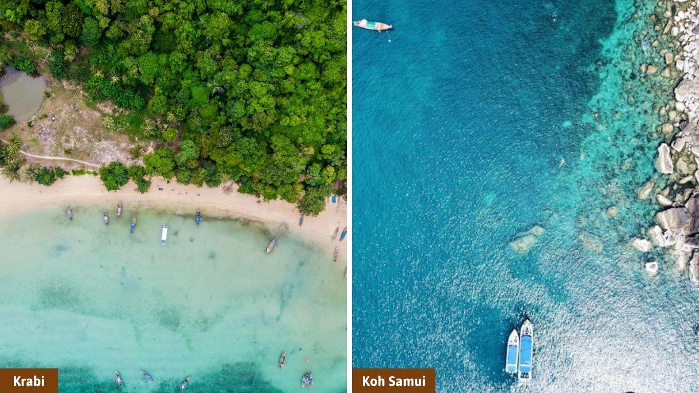 An aerial side-by-side view comparing Krabi vs Koh Samui: the left panel shows longtail boats anchored along Krabi's dense jungle coastline, while the right panel displays clear turquoise waters and speedboats near the rocky shores of Koh Samui.