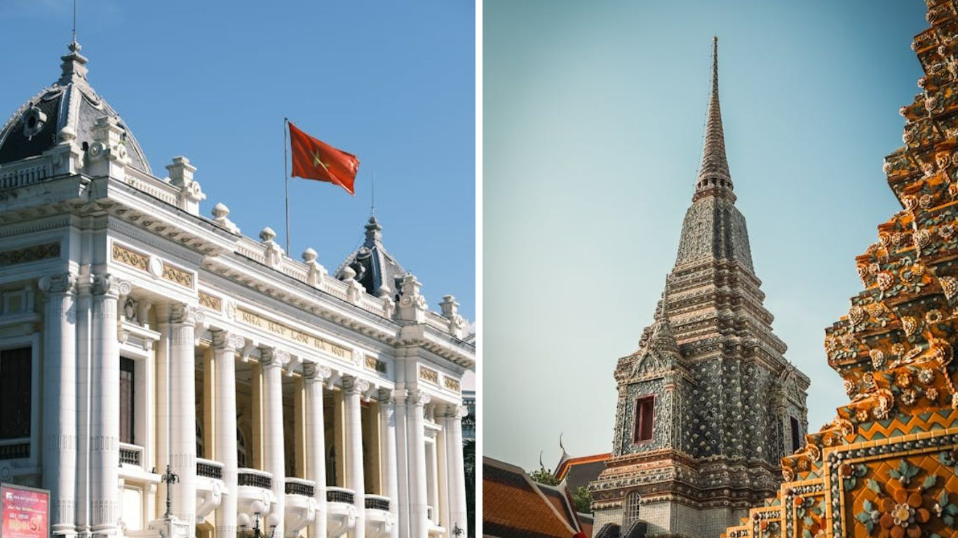 A side-by-side architectural comparison for Hanoi or Bangkok: the left shows the French colonial facade of the Hanoi Opera House with the Vietnamese flag, and the right shows an ornate traditional Thai stupa (chedi) at a temple in Bangkok