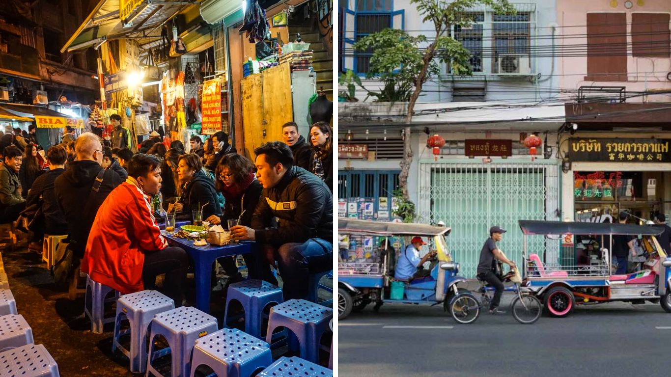 A side-by-side lifestyle comparison for Hanoi or Bangkok: the left panel shows a crowded nighttime street in Hanoi with people sitting on plastic stools at Ta Hien Beer Street; the right panel shows a street scene in Bangkok with a tuk-tuk and a cyclist passing a traditional shopfront