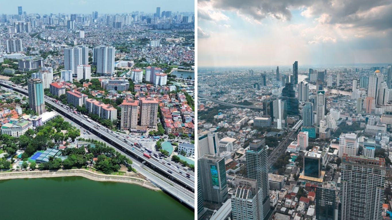 A split aerial view showcasing the urban landscapes of Hanoi or Bangkok, with Hanoi's West Lake and highway on the left and Bangkok’s high-rise skyline and Chao Phraya River on the right