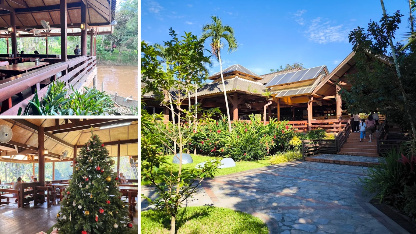 Charin Garden Resort riverside seating and garden on Highway 118