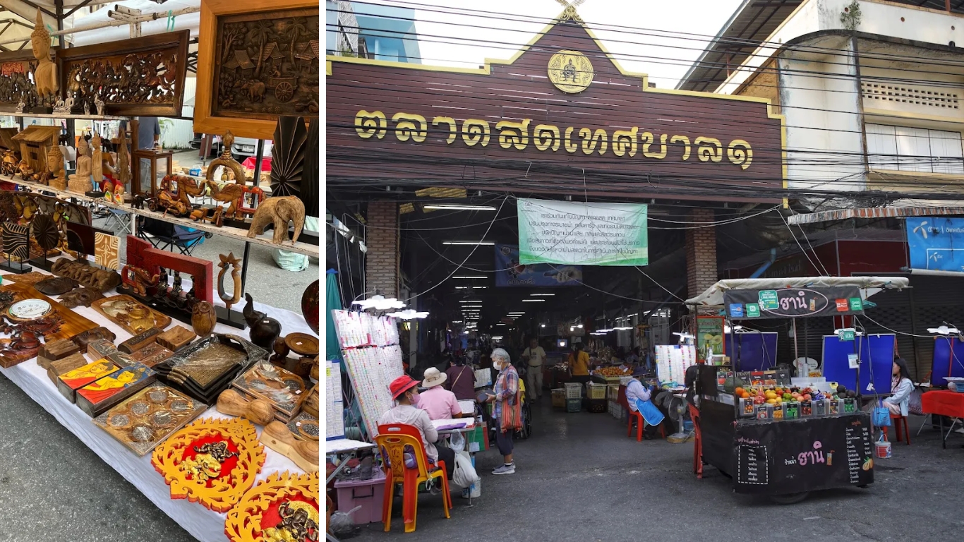 Wood carving stall and local fresh market in Chiang Rai