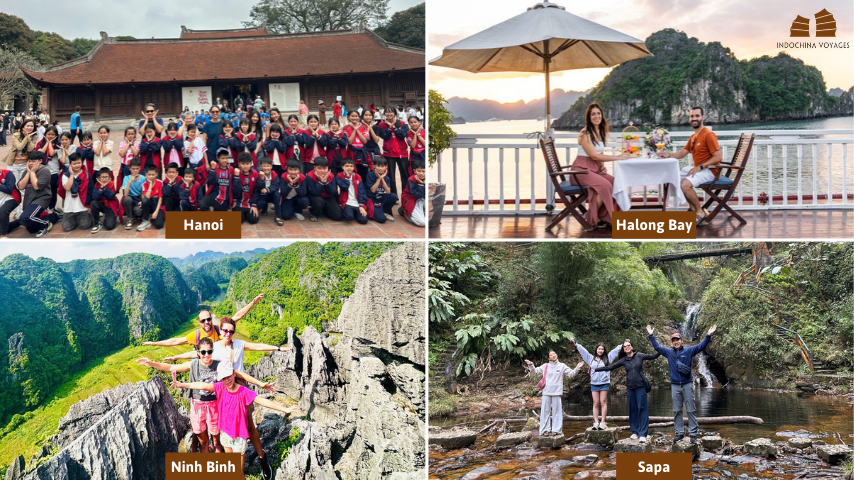 Collage of a Hanoi temple visit, Halong Bay cruise dinner at sunset, Ninh Binh karst viewpoint and Sapa waterfall walk on a North Vietnam 1 week itinerary
