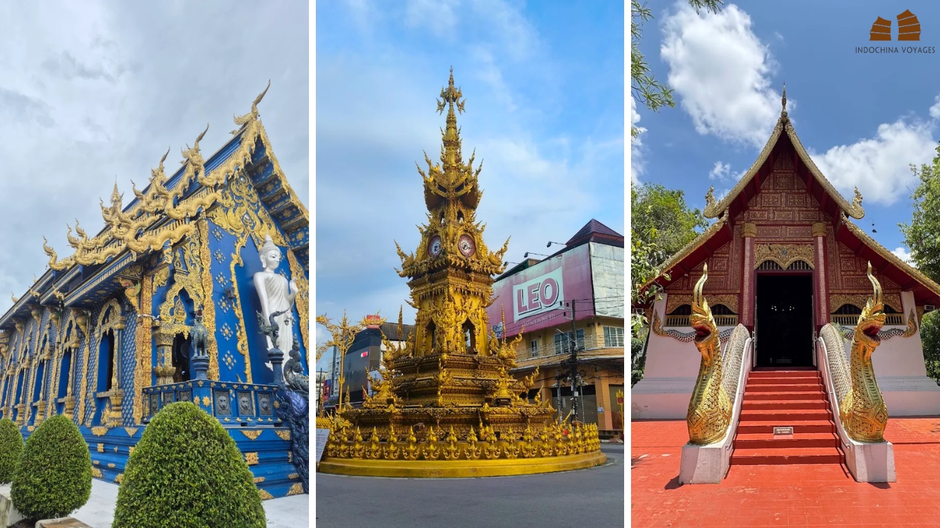 Blue Temple, golden clock tower and red temple in Chiang Rai city