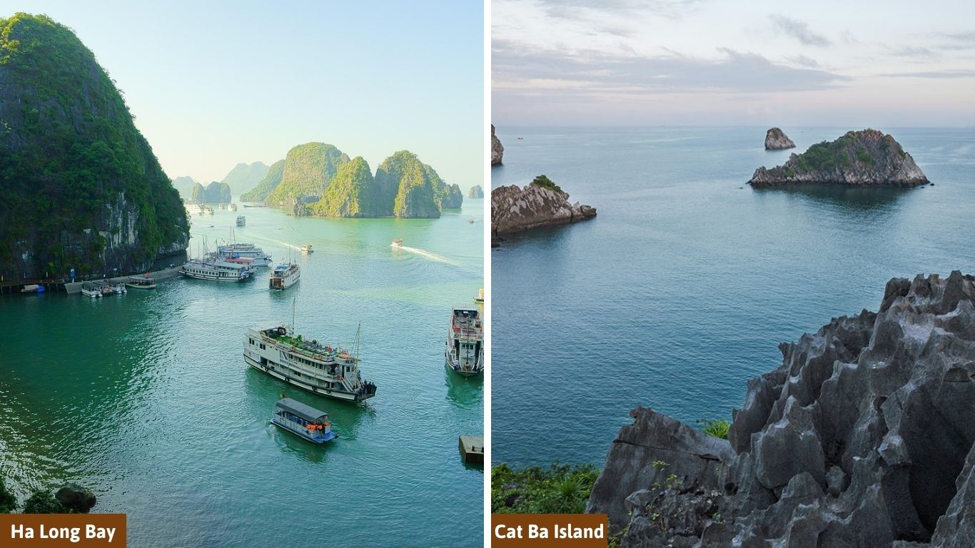Side-by-side comparison of cruise ships in Ha Long Bay and scenic limestone karst views from Cat Ba Island, Vietnam