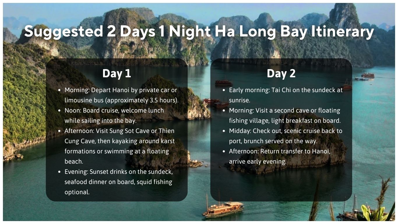 Infographic showing a suggested 2 days 1 night Ha Long Bay itinerary as part of a Ha Long Bay and Cat Ba Island trip comparison