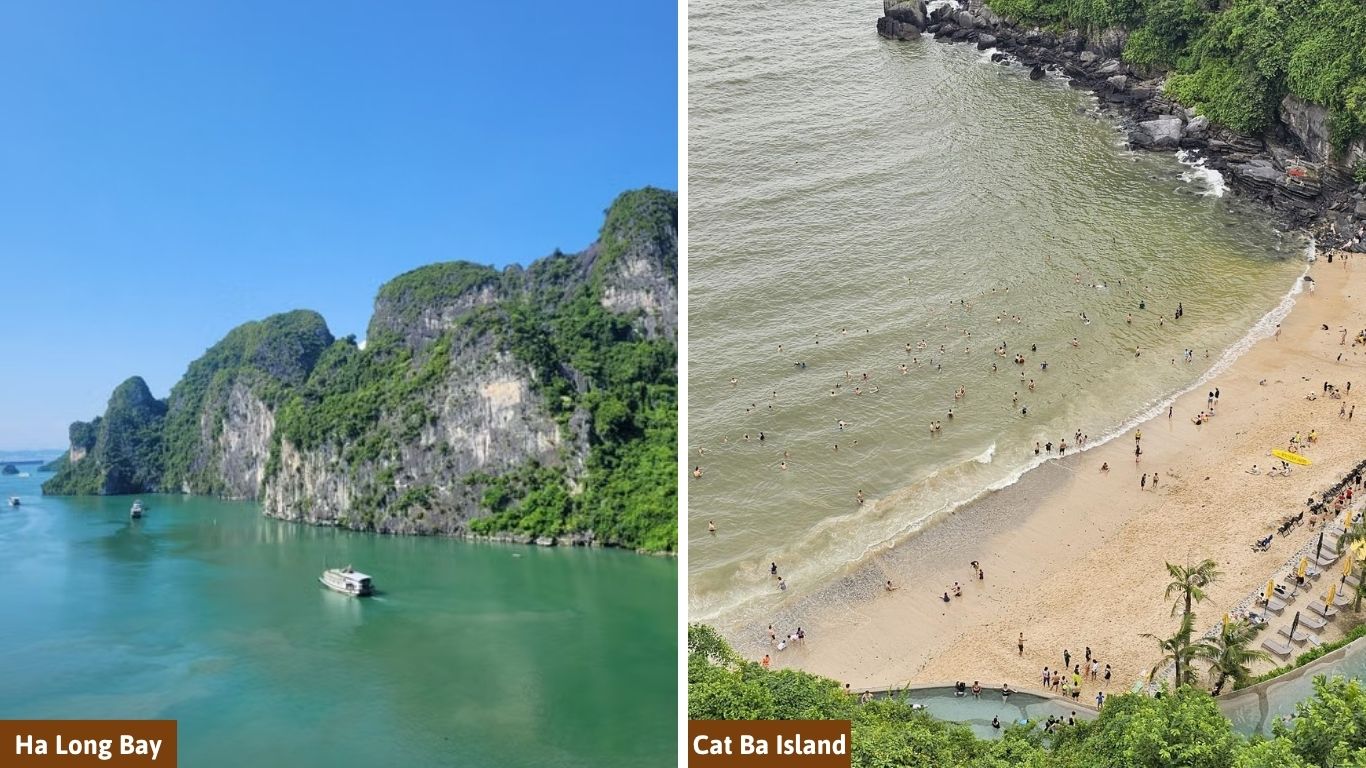 Sunny clear day for cruising in Ha Long Bay side by side with tourists enjoying a beach on Cat Ba Island.