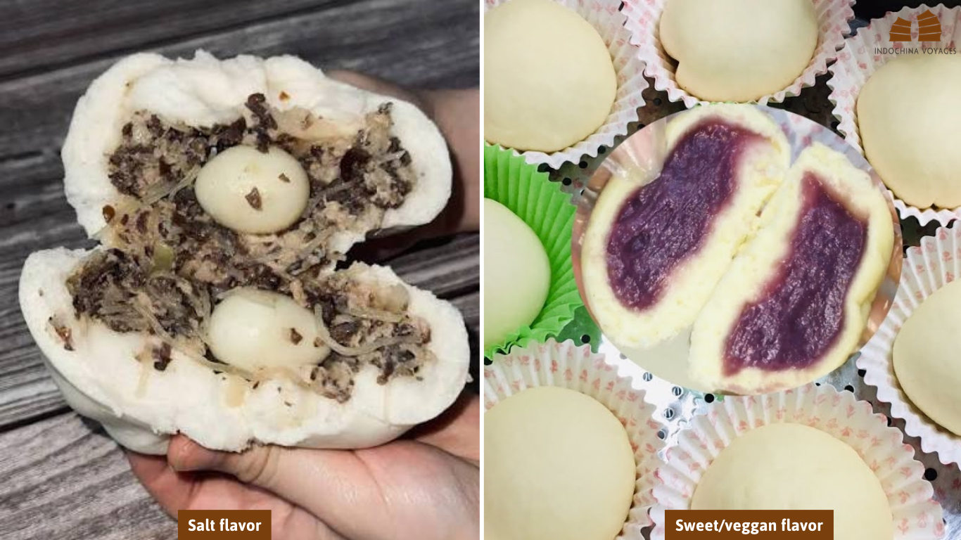 Banh bao steamed buns, one savory with pork filling and quail eggs, one sweet with purple filling, in Hanoi