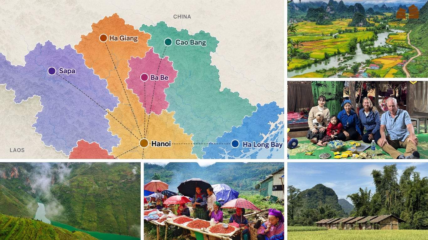 Ha Giang and Cao Bang route map with karst valley, ethnic market and homestay scenes in Northern Vietnam