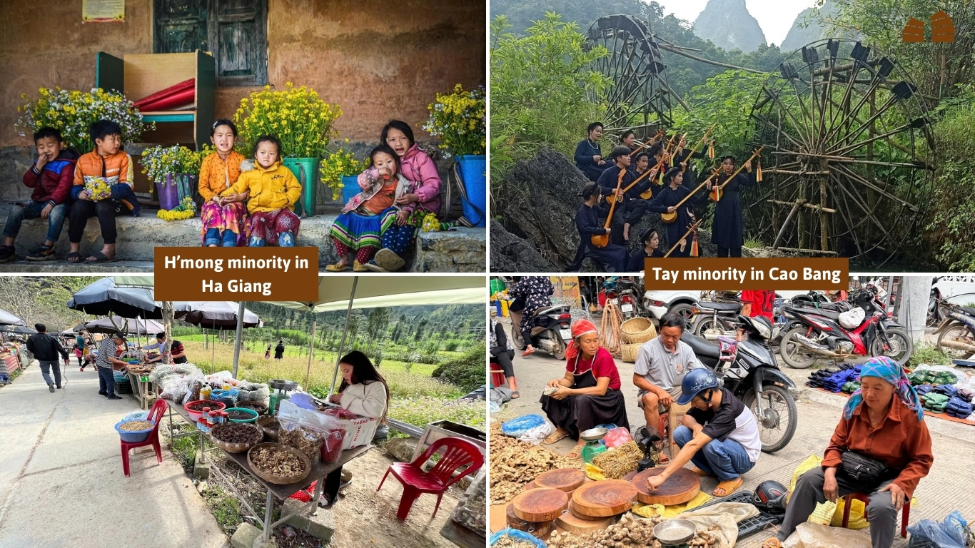 H'mong children in Ha Giang and Tay community with musicians and market vendors in Cao Bang