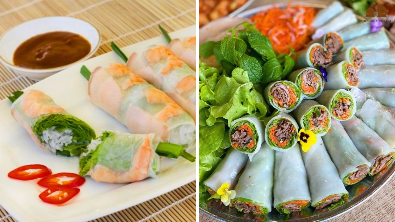 Fresh rolls with shrimp and lettuce beside a platter of pho cuon rolls filled with beef and carrot in Hanoi