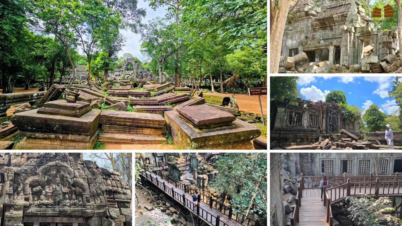 Carved reliefs, fallen stone blocks and wooden walkways with visitors exploring Beng Mealea Temple