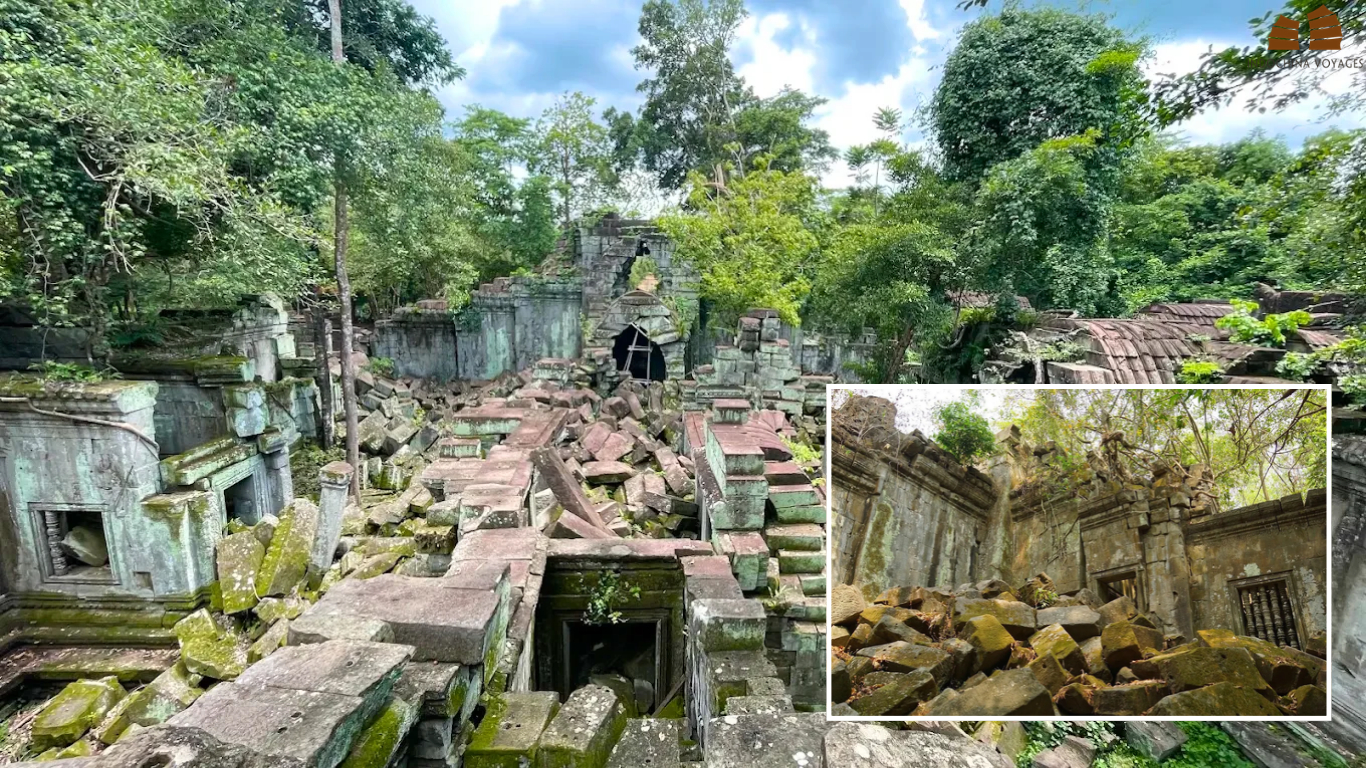 Collapsed galleries and moss covered stone blocks at Beng Mealea Temple, a largely unrestored jungle ruin near Siem Reap