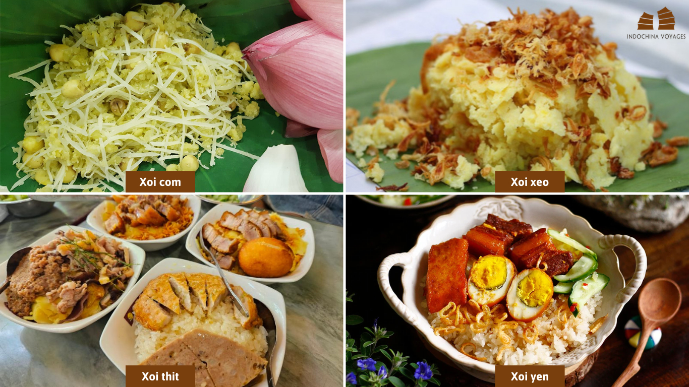 Four types of xoi sticky rice, including xoi com, xoi xeo, xoi thit and xoi yen, with different toppings in Hanoi