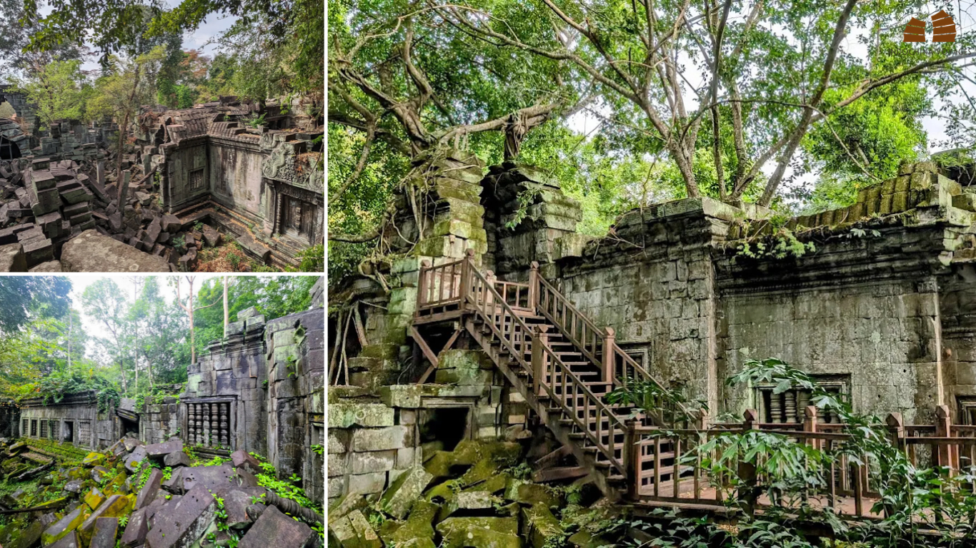 Wooden walkway and staircase beside tree covered galleries and fallen stone blocks at Beng Mealea Temple