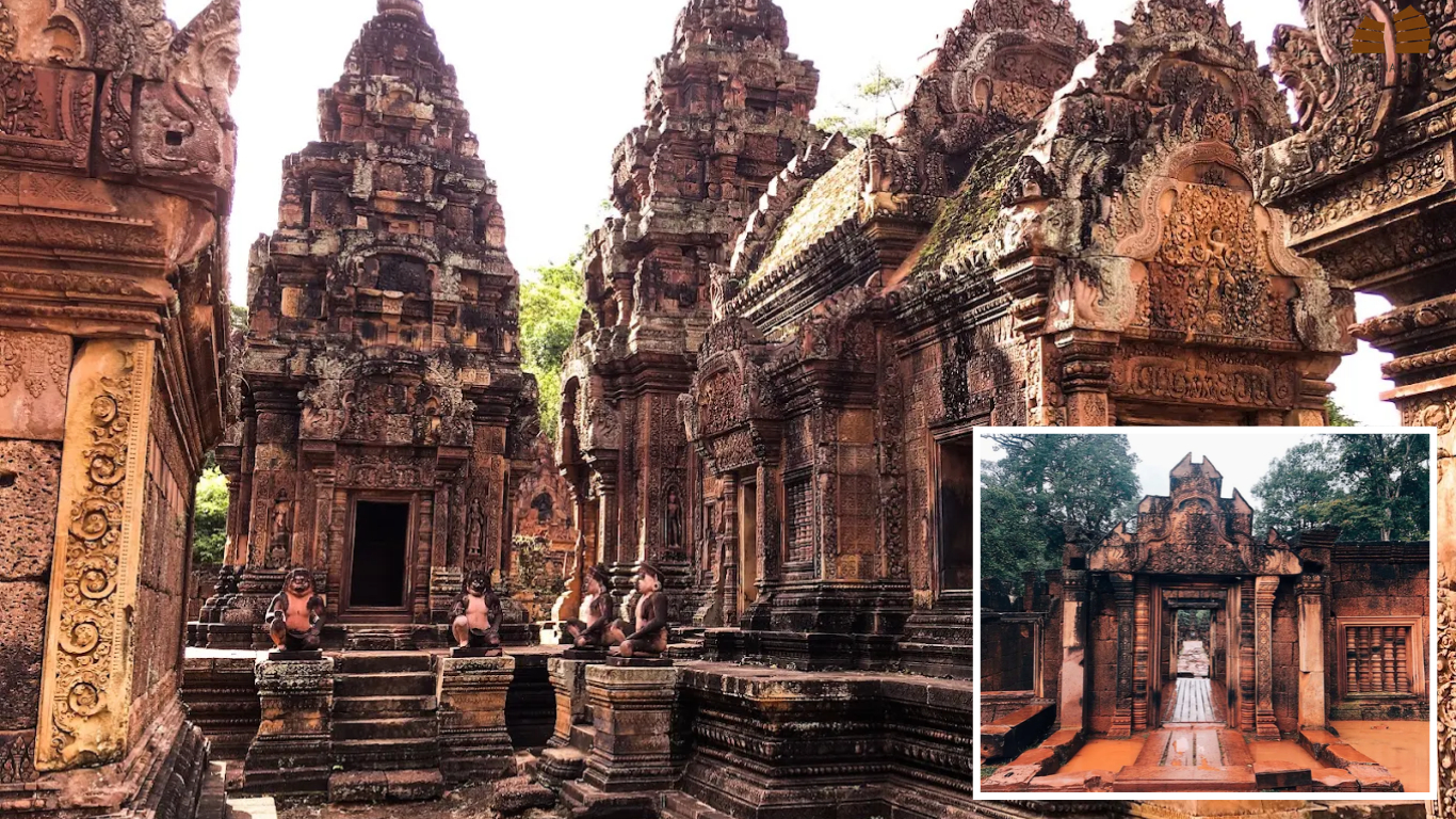 Guardian figures before the central sanctuary towers at Banteay Srei Temple, with an inset of the east entrance gateway