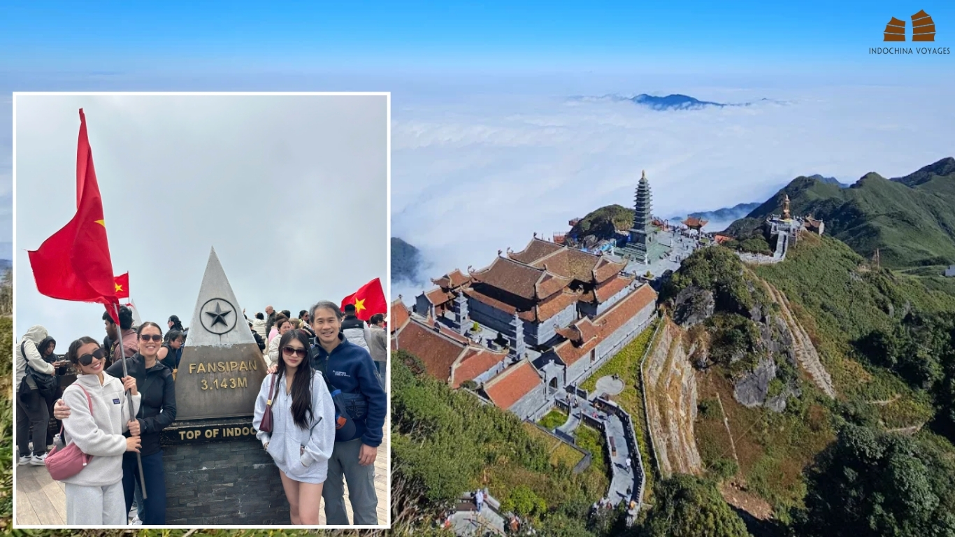 Travelers at the Fansipan 3,143 m summit marker beside the temple complex above clouds, Sapa