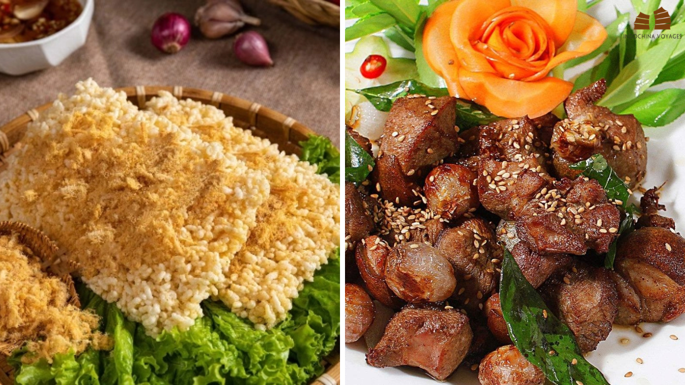 Crispy rice with pork floss and sesame stir-fried goat meat, Ninh Binh local specialties
