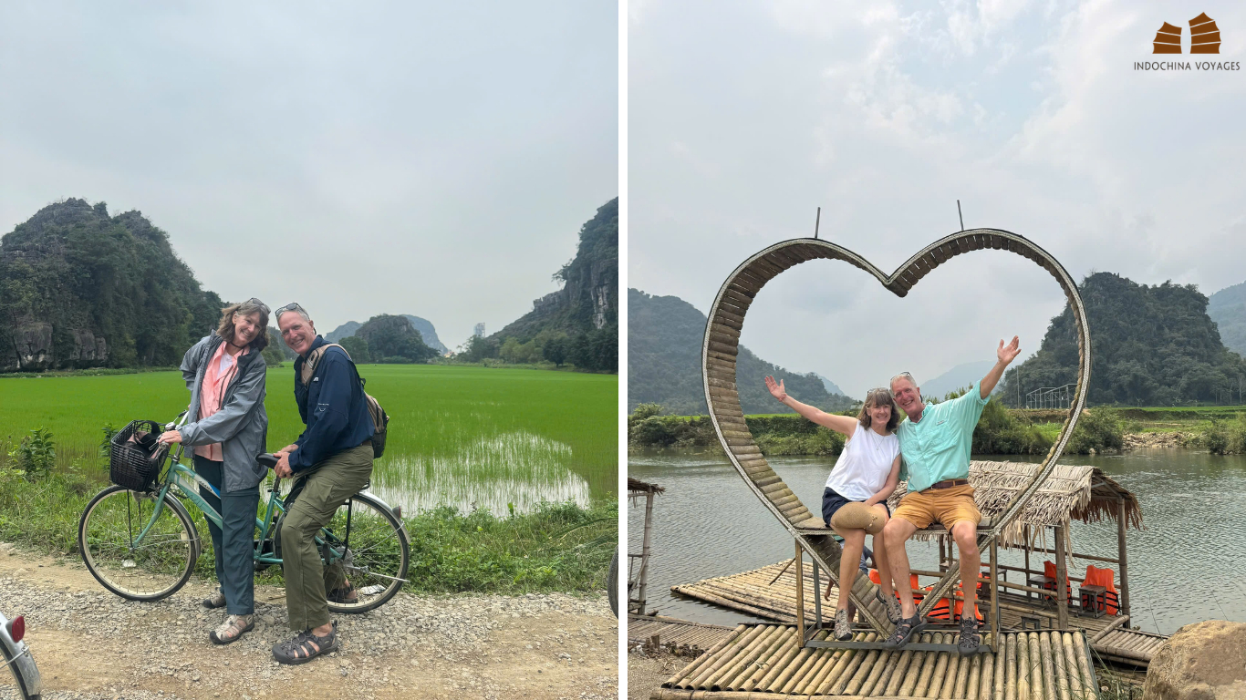 Travelers cycling past Ninh Binh rice fields and posing on a Pu Luong bamboo raft, Ninh Binh and Pu Luong trip